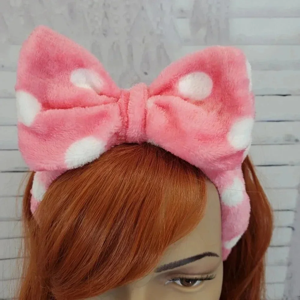 Pink and White Polka Dot- Super Plush Elastic Bow Spa Headband.